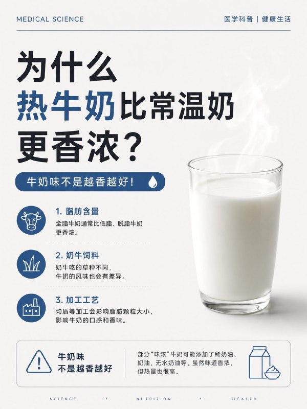 「健康科普：真正懂牛奶的人 不只看“奶味浓”」加热温度会对牛奶香味有一定影响，比如热牛奶往往比常温牛奶更香浓
