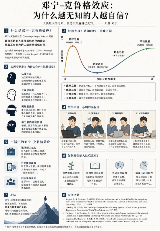 「为什么越无知的人 往往越自信？」心理学上有一个著名的概念叫“邓宁-克鲁格效应”（Dunning–Kruger Effect），我们去年简单讲过这个名词