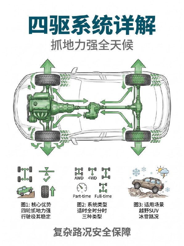汽车小知识前驱 / 后驱 / 四驱区别🚗 前置前驱 FWD｜家用代步天花板市面上 90% 的家用车都采用这个布局，动力直接输出到前轮，相当于 “拉着” 车子跑✅ 核心优势：没有传动轴侵占空间，后排地板几乎纯平，乘坐空间拉满；结构简单成本低，买车、修车都便宜，油耗也更友好；车头重量大，冰雪天起步抓地更稳❌ 短板：急弯容易出现 “推头”（转向不足），操控乐趣比较弱👉 适配：家用轿车、城市 SUV，日常通勤、带娃买菜首选🏎️ 前置后驱 RWD｜操控玩家本命豪华轿车和运动跑车的经典布局，动力通过传动轴传向后轮，相当于 “推着” 车子跑✅ 核心优势：前后配重接近 50:50，车身平衡感拉满；前轮专注转向，指向精准，加速强劲有劲，驾驶乐趣直接拉满❌ 短板：后排中间有传动轴凸起，中间乘客舒适度打折扣；雨雪天容易甩尾，油耗和售价都比前驱更高👉 适配：豪华轿车、运动跑车，追求驾驶质感的朋友必选🛻 四驱 4WD｜全路况安全感担当四个轮子都能分配动力，抓地力和行驶稳定性直接升级✅ 核心优势：湿滑路面、冰雪天、非铺装路都比两驱稳太多，通过性和过弯极限都更高，全天候安全感拉满❌ 短板：结构复杂造价高，购车成本和油耗都明显上升👉 适配：越野玩家、北方多雪地区、经常跑山路 / 烂路的朋友📌 四驱还分 3 种，别买错浪费钱▫️ 适时四驱：电脑自动切换两驱 / 四驱，日常两驱省油，车轮打滑时自动介入，城市 SUV 最常用▫️ 分时四驱：需要手动切换驱动模式，硬派越野专属，纯城市代步基本用不上▫️ 全时四驱：全程四轮驱动，公路操控和烂路脱困都很强，大多是豪华车型配置💡 最后总结选型公式：日常家用通勤 → 前驱足够，性价比最高追求驾驶乐趣 → 后驱更有驾驶灵魂路况复杂 / 注重安全 → 四驱给足安全感没有最好的驱动方式，只有最适合你的选择～