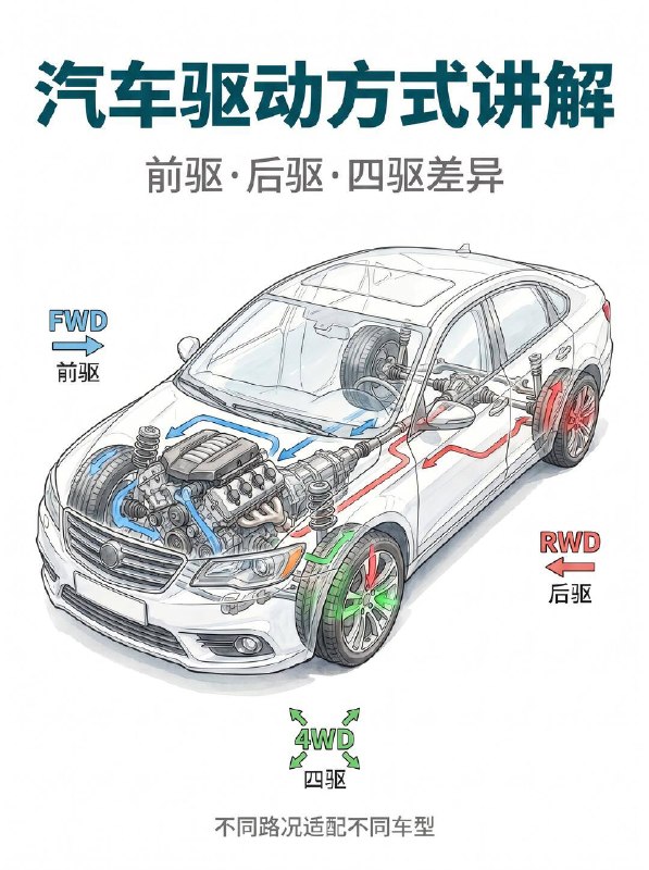 汽车小知识前驱 / 后驱 / 四驱区别🚗 前置前驱 FWD｜家用代步天花板市面上 90% 的家用车都采用这个布局，动力直接输出到前轮，相当于 “拉着” 车子跑✅ 核心优势：没有传动轴侵占空间，后排地板几乎纯平，乘坐空间拉满；结构简单成本低，买车、修车都便宜，油耗也更友好；车头重量大，冰雪天起步抓地更稳❌ 短板：急弯容易出现 “推头”（转向不足），操控乐趣比较弱👉 适配：家用轿车、城市 SUV，日常通勤、带娃买菜首选🏎️ 前置后驱 RWD｜操控玩家本命豪华轿车和运动跑车的经典布局，动力通过传动轴传向后轮，相当于 “推着” 车子跑✅ 核心优势：前后配重接近 50:50，车身平衡感拉满；前轮专注转向，指向精准，加速强劲有劲，驾驶乐趣直接拉满❌ 短板：后排中间有传动轴凸起，中间乘客舒适度打折扣；雨雪天容易甩尾，油耗和售价都比前驱更高👉 适配：豪华轿车、运动跑车，追求驾驶质感的朋友必选🛻 四驱 4WD｜全路况安全感担当四个轮子都能分配动力，抓地力和行驶稳定性直接升级✅ 核心优势：湿滑路面、冰雪天、非铺装路都比两驱稳太多，通过性和过弯极限都更高，全天候安全感拉满❌ 短板：结构复杂造价高，购车成本和油耗都明显上升👉 适配：越野玩家、北方多雪地区、经常跑山路 / 烂路的朋友📌 四驱还分 3 种，别买错浪费钱▫️ 适时四驱：电脑自动切换两驱 / 四驱，日常两驱省油，车轮打滑时自动介入，城市 SUV 最常用▫️ 分时四驱：需要手动切换驱动模式，硬派越野专属，纯城市代步基本用不上▫️ 全时四驱：全程四轮驱动，公路操控和烂路脱困都很强，大多是豪华车型配置💡 最后总结选型公式：日常家用通勤 → 前驱足够，性价比最高追求驾驶乐趣 → 后驱更有驾驶灵魂路况复杂 / 注重安全 → 四驱给足安全感没有最好的驱动方式，只有最适合你的选择～
