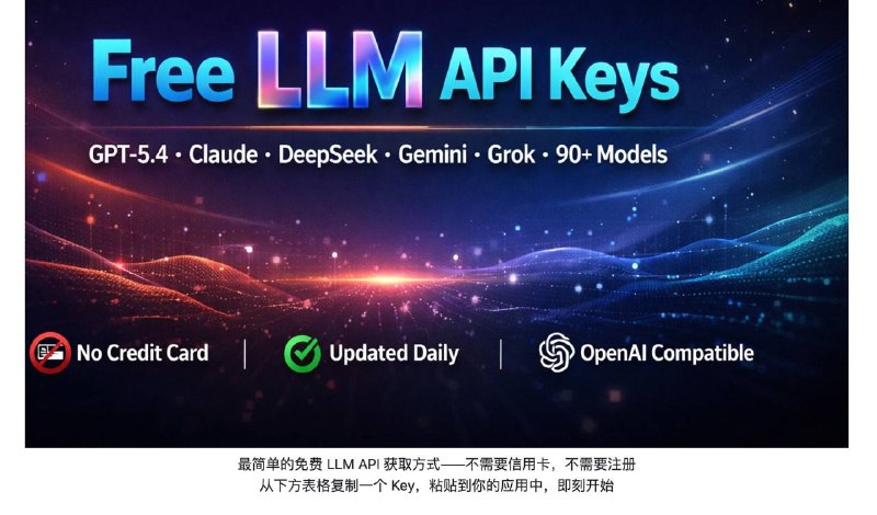 白嫖党福利这个项目作者把自己账号下用不完的 LLM API 额度拿出来公开分享，让大家免费用，包含多个模型的 API key，覆盖 GPT-5.4、Claude、Gemini、Grok等等，很适合国内被信用卡和付费门槛拦在外面的学生党，以及独立开发者做一些测试用
