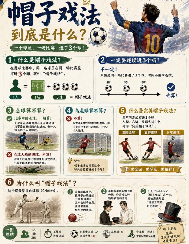 ⚽ 看球时经常听到“帽子戏法”，但它到底是什么意思？ 简单说就是：同一名球员，在同一场比赛里，进了 3 个球
